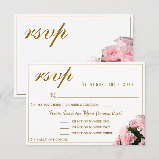 Rosa Rose Blumenmenü Auswahl RSVP Karte (Vorne/Hinten)