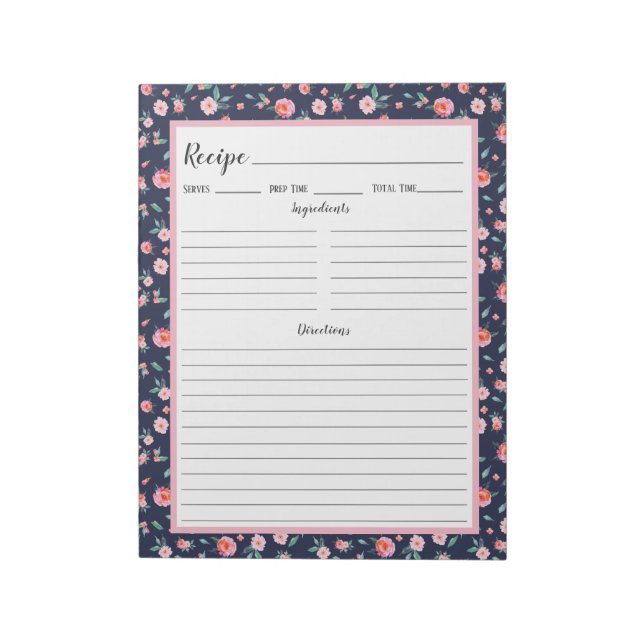 Rosa Rose Blumenmuster Blaue Muster Rezept Notizblock (Rotiert)