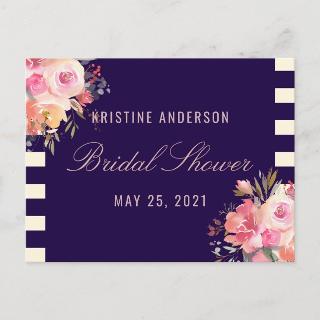 Rosa Rose Blumenmuster Navy Blue Stripe Rezeptkart Postkarte (Vorderseite)