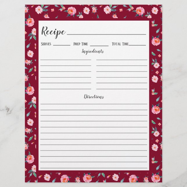 Rosa Rose Blumenmuster Rezeptbinderseite (Vorderseite)