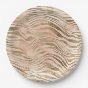 Rosa Rose Blush Gold Zebra Animal Print Pappteller