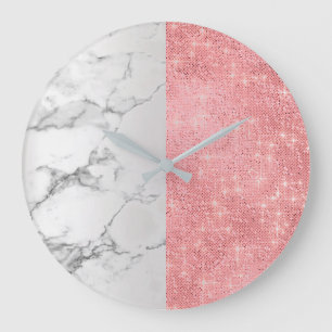 Rosa Rose Blush Marmor Grau Sequin Diamond Funkeln Große Wanduhr