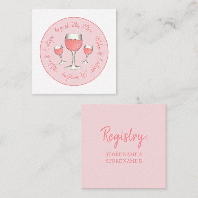 Rosa Rosé Blush Wine Glass Hochzeitsstich Brautpar Begleitkarte (Vorne/Hinten)