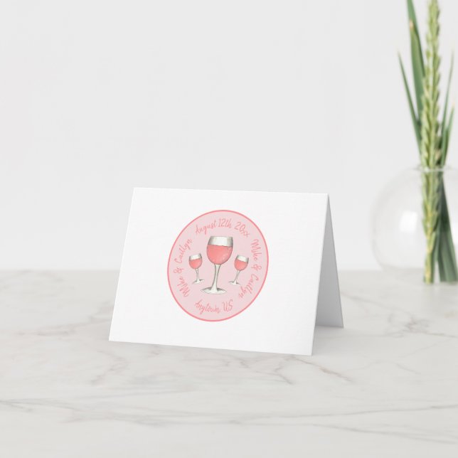 Rosa Rosé Blush Wine Glass Hochzeitsstich Brautpar Dankeskarte (Vorderseite)