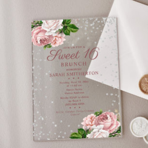 Rosa Rose Blütenbraun Silver Glitzer Sweet 16 Brun Acryleinladungen