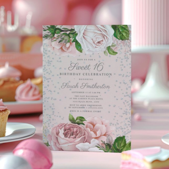 Rosa Rose Blütenfarben Silberner Glitzer Sweet 16 Einladung (Blush pink roses and silver glitter Sweet 16 invitation)