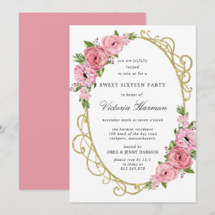 Rosa Rose Blütengoldrahmen Sweet 16 Party Einladun Einladung