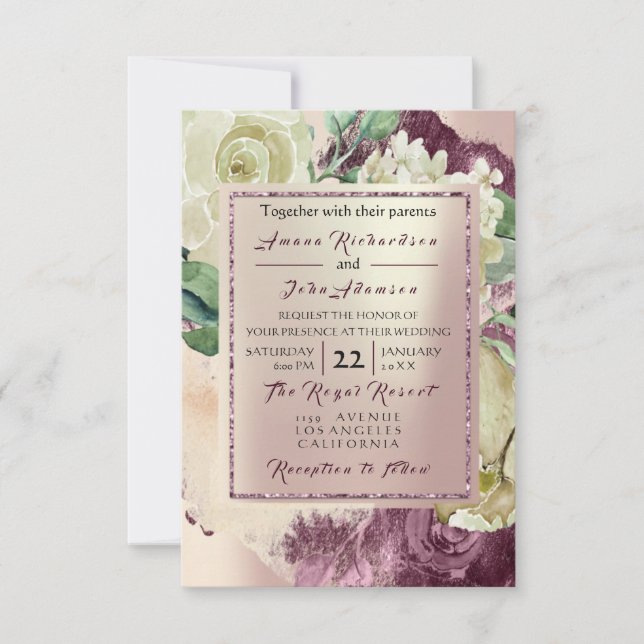 Rosa Rose Creamy Marsala Bloral Blush Wedding Einladung (Vorderseite)