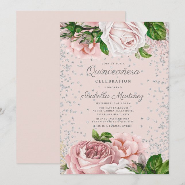 Rosa Rose der Flora Silver Glitzer Quinceañera Einladung (Vorne/Hinten)