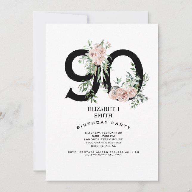 Rosa Rose Elegant 90. White Birthday Party Einladung (Vorderseite)