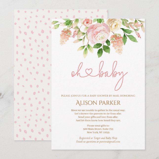 Rosa Rose Elegant Floral Girl Baby Showroom by Mai Einladung (Vorne/Hinten)