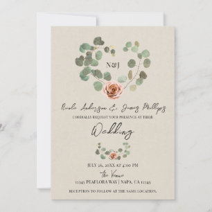 Rosa Rose & Eukalyptus Herz Rustikale Hochzeit Einladung