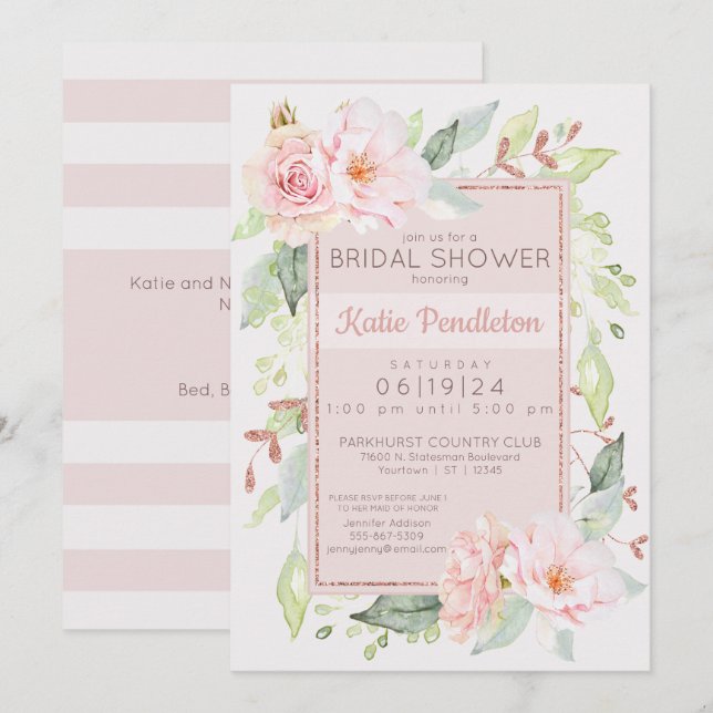 Rosa Rose Feminine Bridal Einladung (Vorne/Hinten)
