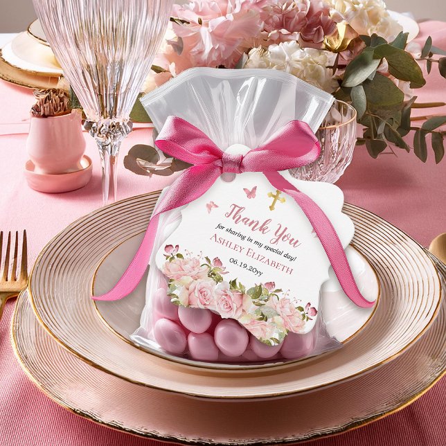 Rosa Rose Floral |Butterfats Gold Cross Vielen Dan Geschenkanhänger (Pink Rose Floral and Pink Butterflies with Gold Tone Trinity Cross First Holy Communion Favor Tags)