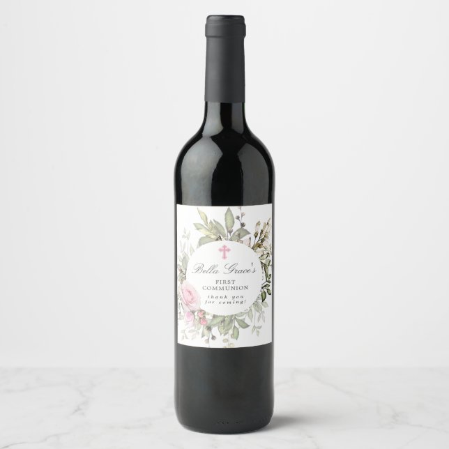 Rosa Rose Floral Erste Kommune Weinetikett (Vorderseite)