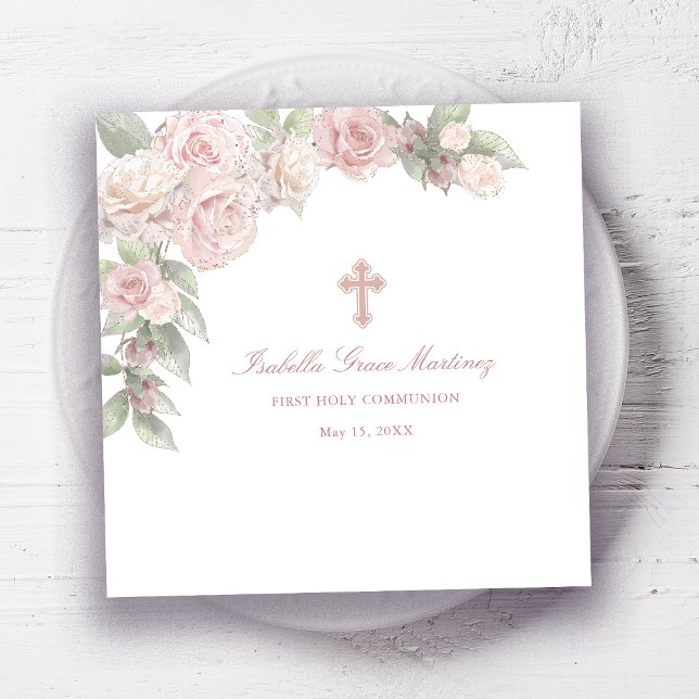 Rosa Rose Floral Erster Kommunionencocktail Serviette (Von Creator hochgeladen)