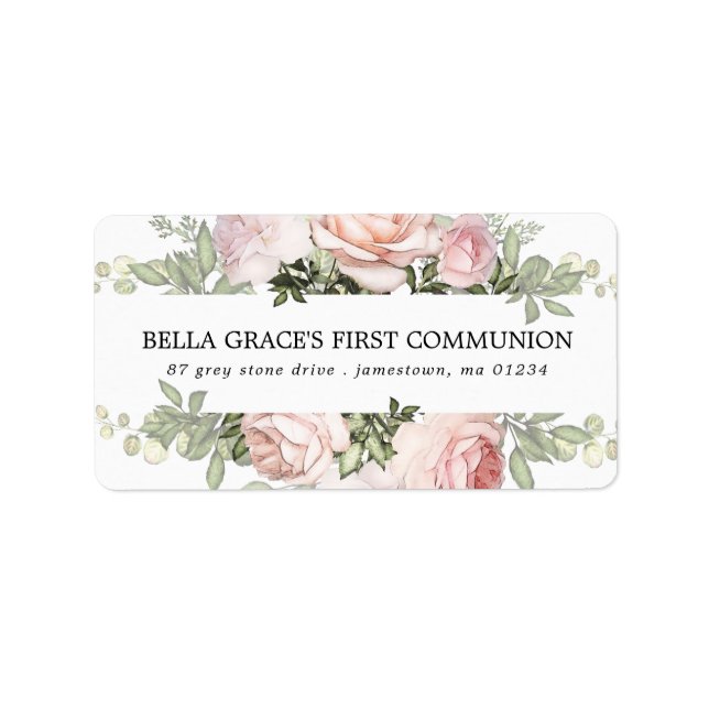 Rosa Rose Floral Erster Kommunizierungsanschrift Adressaufkleber (Vorne)