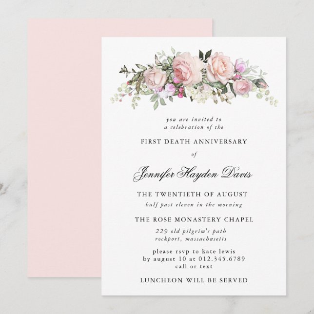 Rosa Rose Floral Erster Totenjubiläum Einladung (Vorne/Hinten)