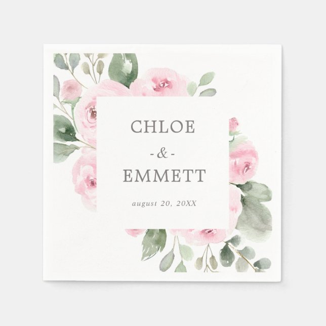 Rosa Rose Floral Eukalyptus Wedding Napkins Serviette (Vorderseite)