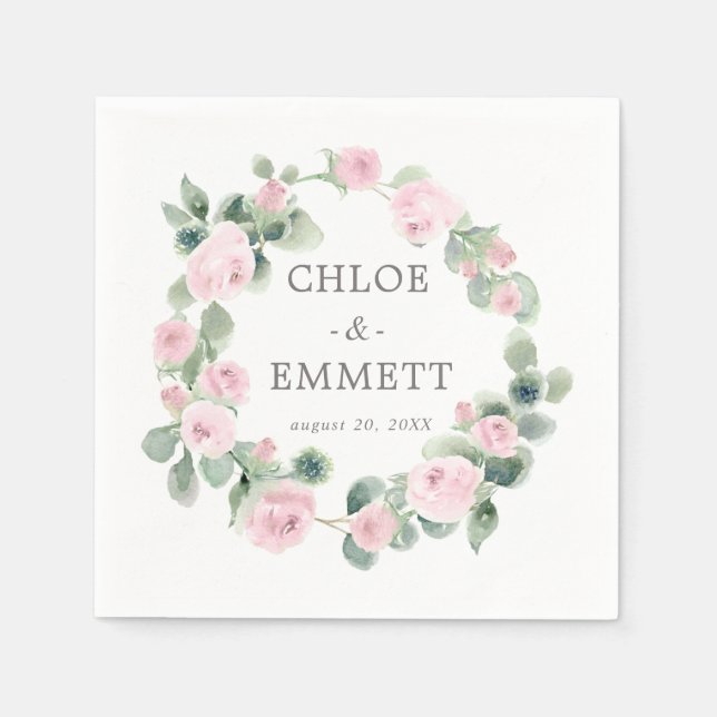 Rosa Rose Floral Eukalyptus Wedding Napkins Serviette (Vorderseite)