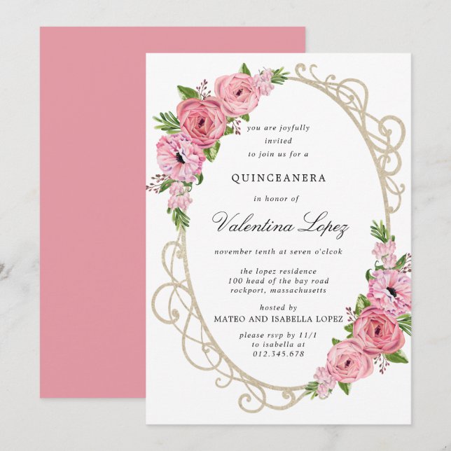 Rosa Rose Floral Gold Quinceanera Einladung (Vorne/Hinten)