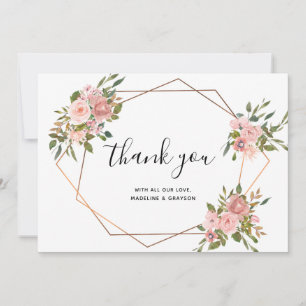 Rosa Rose Floral Gold Rahmen Geometrische Hochzeit Dankeskarte