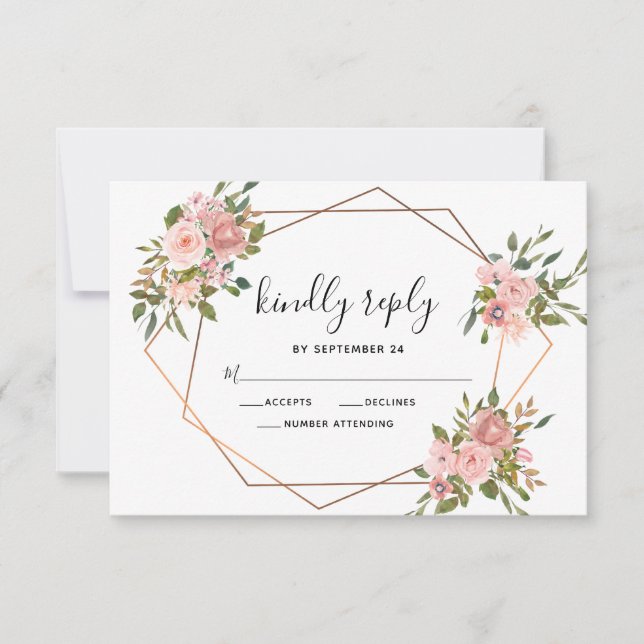 Rosa Rose Floral Gold Rahmen Geometrische Hochzeit RSVP Karte (Vorderseite)