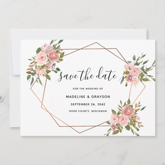 Rosa Rose Floral Gold Rahmen Geometrische Hochzeit Save The Date (Vorderseite)