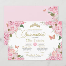 Rosa Rose Floral Gold Tiara Butterfly Quinceanera