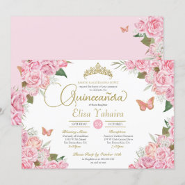 Rosa Rose Floral Gold Tiara Butterfly Quinceanera Einladung