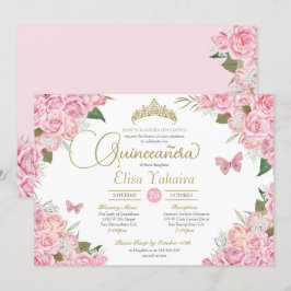 Rosa Rose Floral Gold Tiara Butterfly Quinceanera Einladung