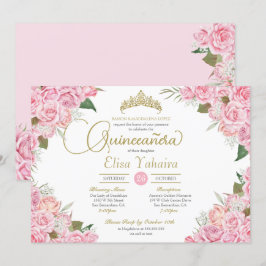 Rosa Rose Floral Gold Tiara Quinceanera Einladung