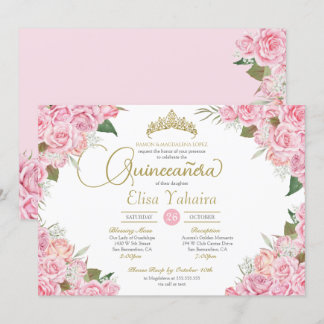 Rosa Rose Floral Gold Tiara Quinceanera Einladung
