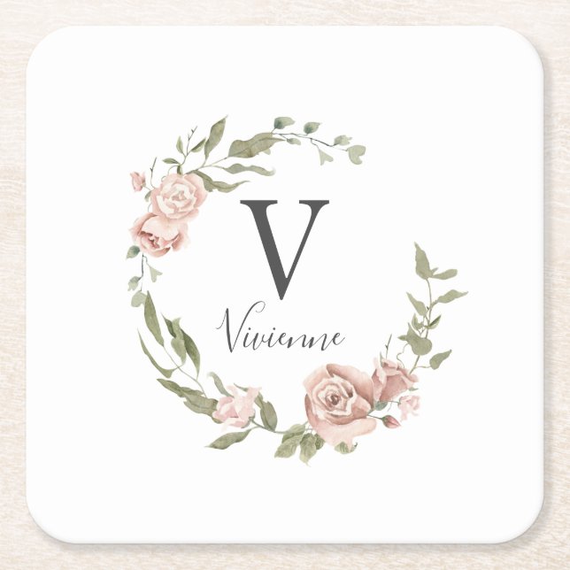 Rosa Rose Floral Monogram Name Rechteckiger Pappuntersetzer (Vorderseite)
