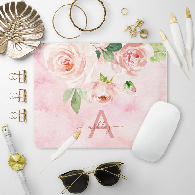 Rosa Rose Floral Name Monogram Mousepad (Von Creator hochgeladen)