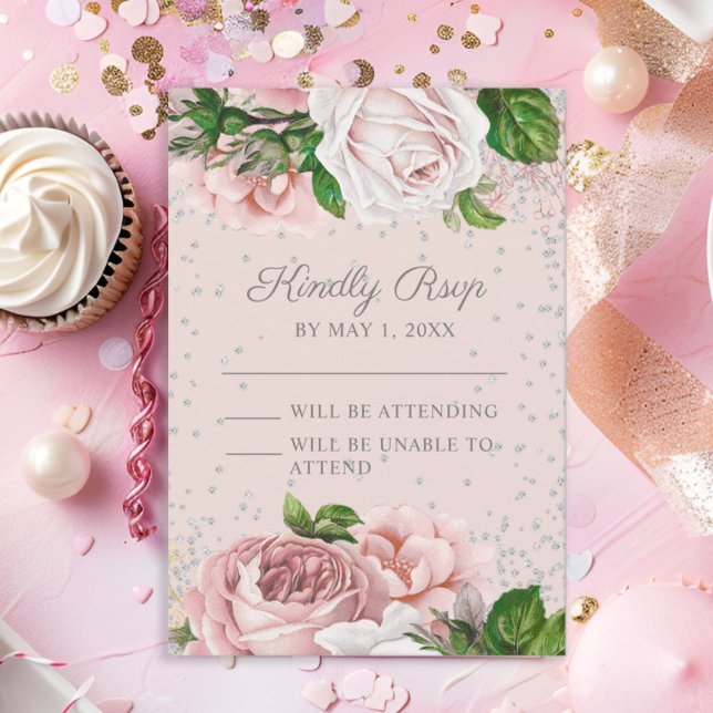 Rosa Rose Floral Silver Glitzer RSVP Karte (Blush pink roses and silver glitter Sweet 16 RSVP)
