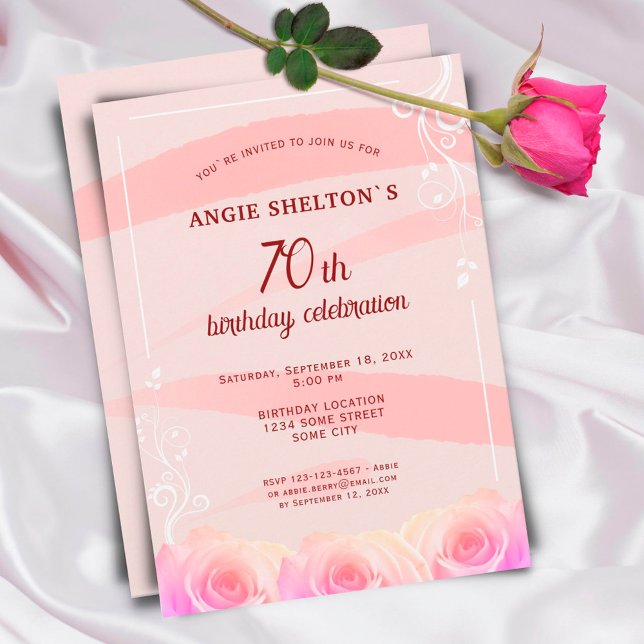 Rosa Rose Floral Wasserfarben Streifen 70. Geburts Einladung (Von Creator hochgeladen)