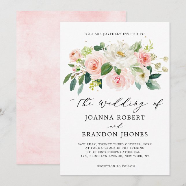Rosa Rose Florals Moderne botanische Hochzeit Einladung (Vorne/Hinten)