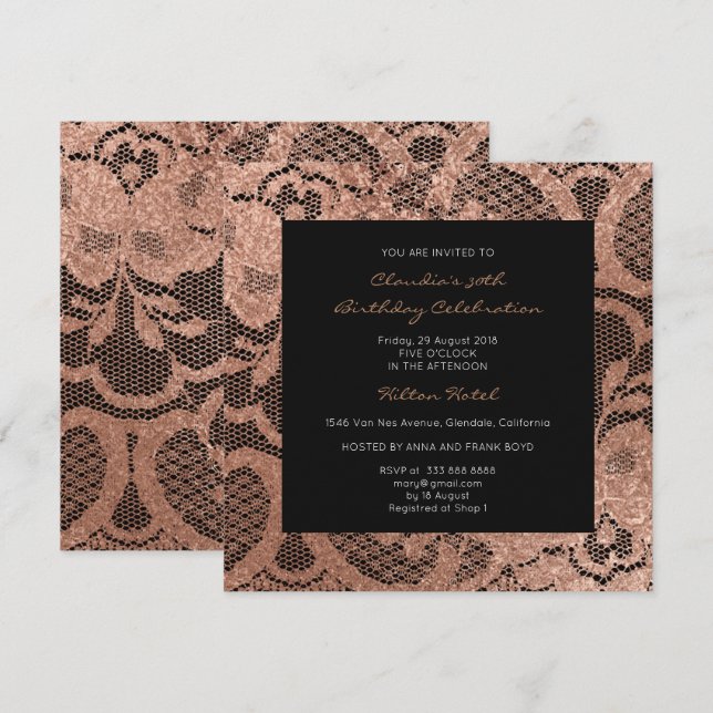Rosa Rose Foxier Blush Golden Lace Black Event VIP Einladung (Vorne/Hinten)