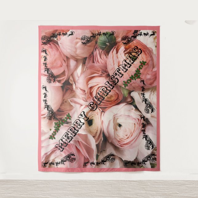 Rosa Rose Frohe Weihnachten Wandteppich (Vorderseite)
