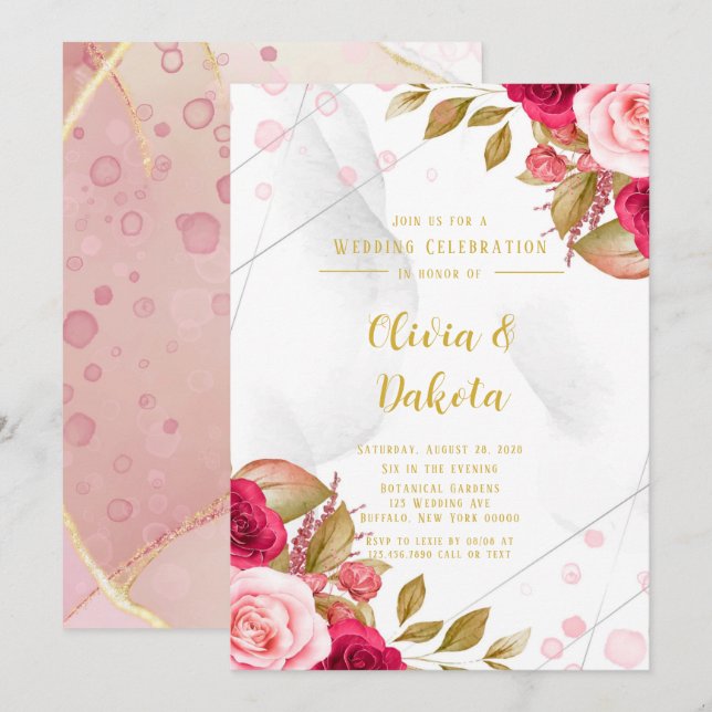Rosa Rose Geometric Alcohol Tinte Elegante Hochzei Einladung (Vorne/Hinten)
