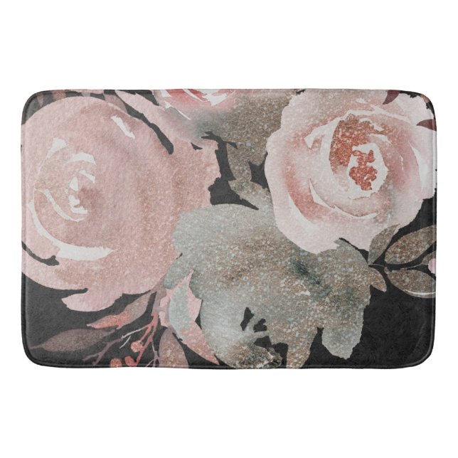 Rosa Rose Glitzer Rose Dunkle Blütengläser Elegant Badematte (Vorderseite)