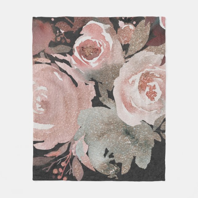 Rosa Rose Glitzer Rose Dunkle Blütengläser Elegant Fleecedecke (Vorderseite)