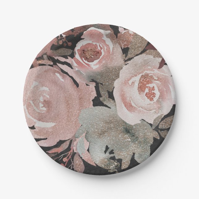 Rosa Rose Glitzer Rose Dunkle Blütengläser Elegant Pappteller (Vorderseite)