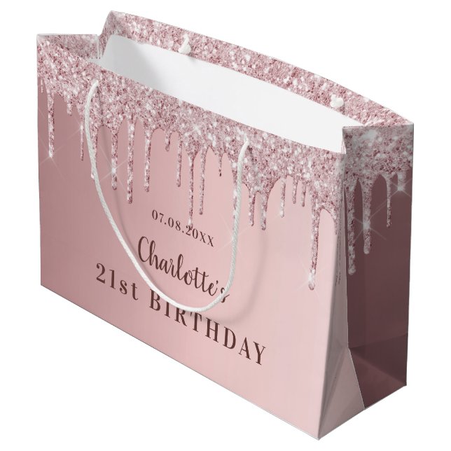 Rosa Rose Glitzer Tropfen monogramm Große Geschenktüte (Rückseite Schrägansicht)