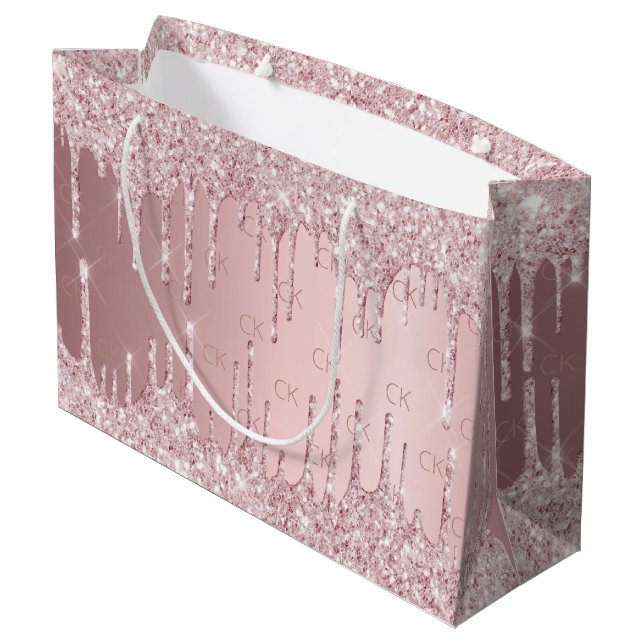 Rosa Rose Glitzer Tropfen monogramm Große Geschenktüte (Rückseite Schrägansicht)