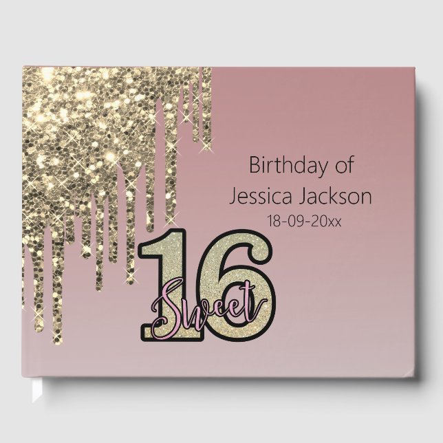 Rosa Rose Gold 16 . Geburtstag Gästebuch (Vorderseite)