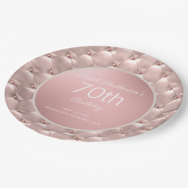 Rosa Rose Gold 70. Geburtstag Pappteller (Schrägansicht)