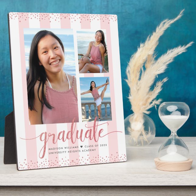 Rosa Rose Gold Abschluss 3 Foto Glitzer Script Fotoplatte (Seite)