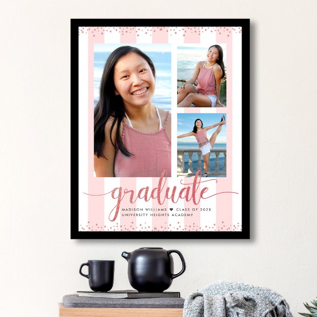 Rosa Rose Gold Abschluss 3 Foto Glitzer Script Poster (Von Creator hochgeladen)